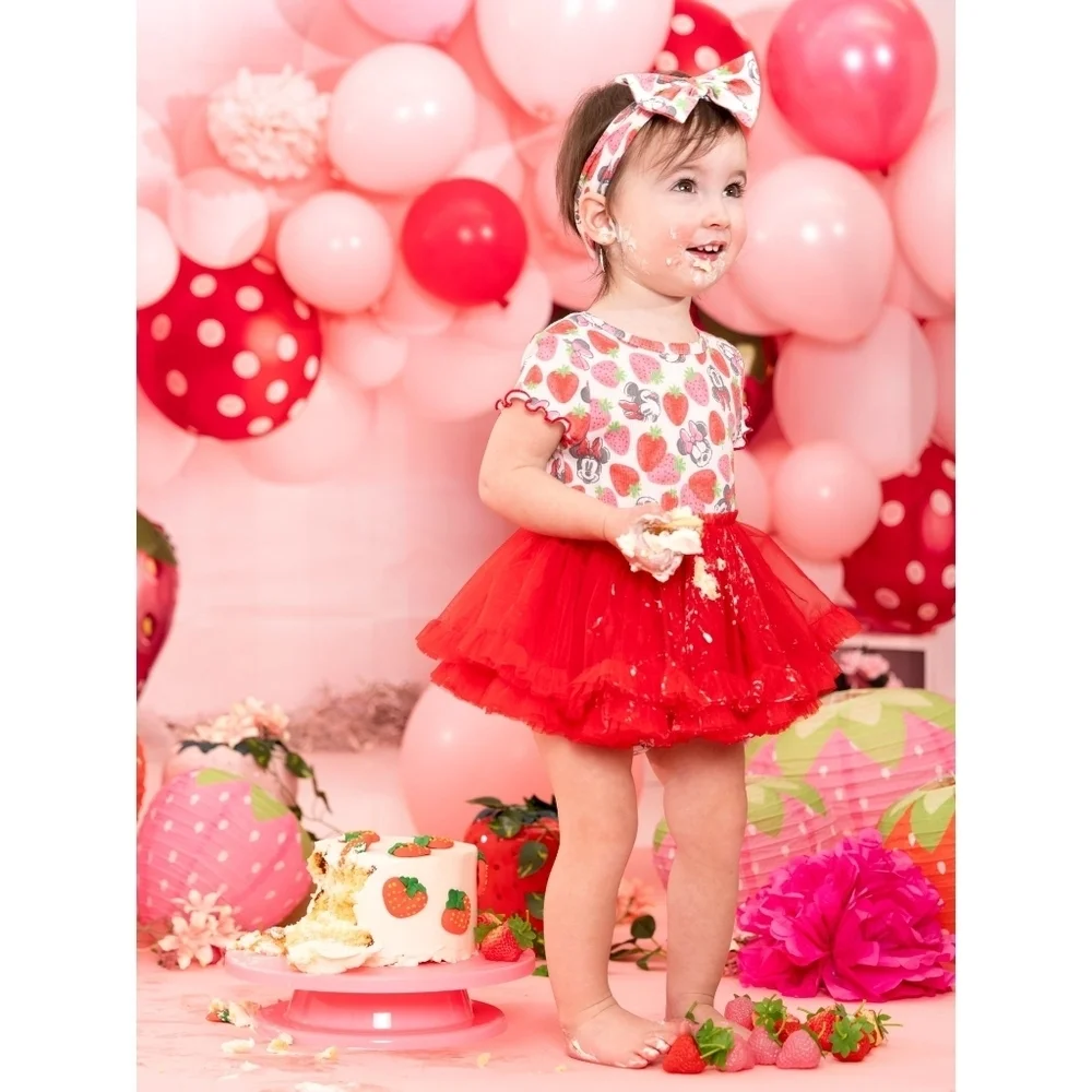 NWT Disney Baby Minnie Mouse Red & Pink Strawberry Romper w/ Headband 6/9 Months